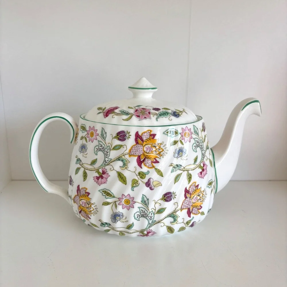 Minton Haddon Hall B-1451 Bone China Teapot 1 1/2 Pints Floral Green Trim